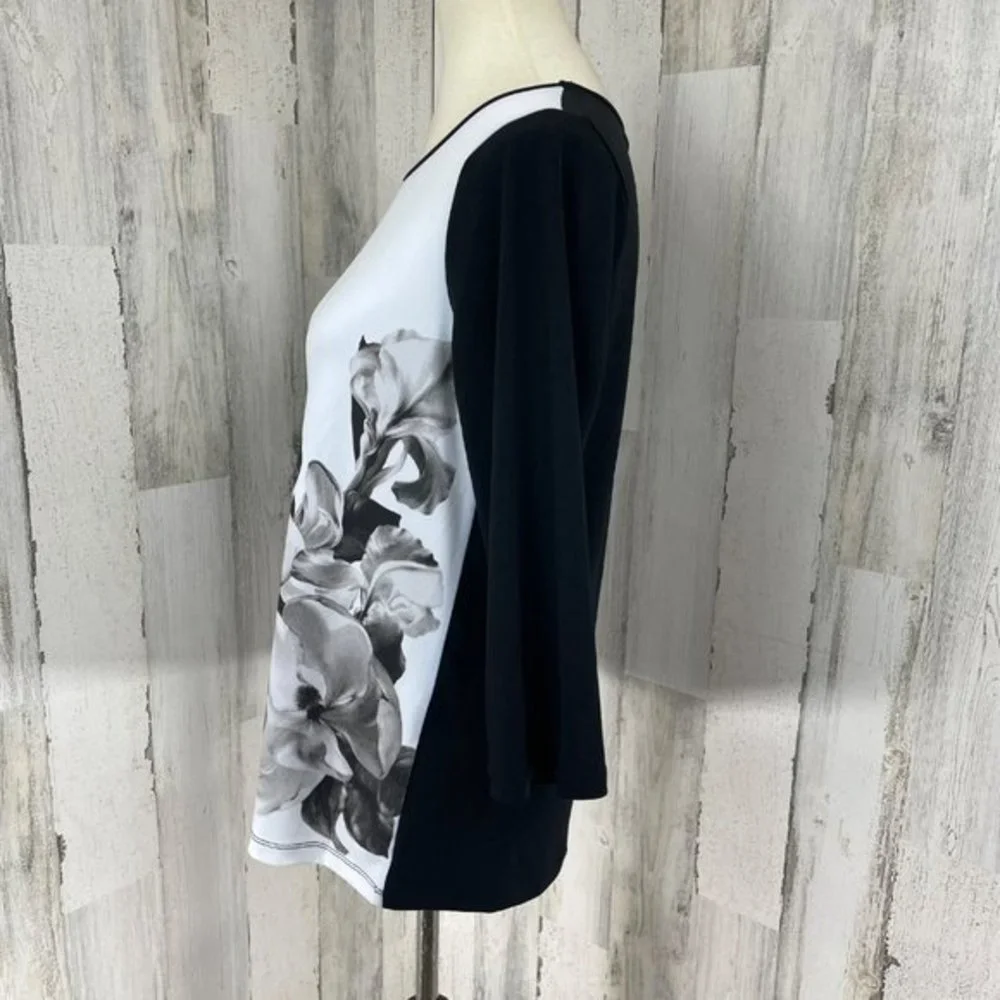 Chico’s Weekends Women's Black Floral 3/4 Sleeve Shirt Top‎ Blouse Stretch 1